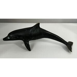 Vintage Cast Metal Bronze Turquoise Dolphin Sculpture 7” Decor